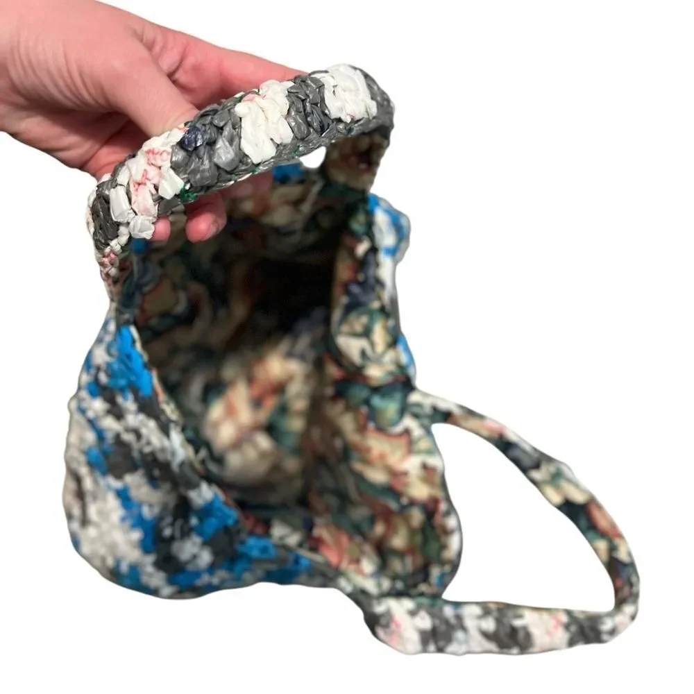 Handmade Crochet Recycled Plastic Bag Tote Blue Gray Eco-Friendly Market Bag